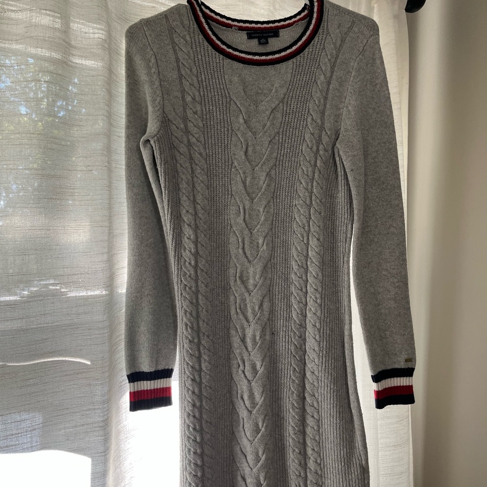 Tommy Hilfiger Gray Cable Knit Sweater Dress with Striped Trim